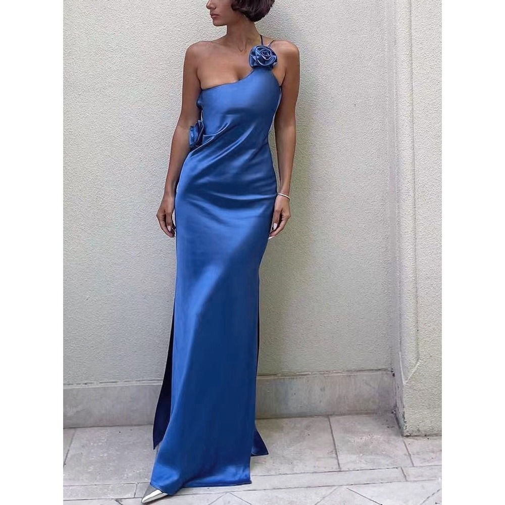 Commense Satin One Shoulder Dress Formal Gown Rose Applique Maxi Dress Size M